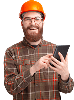 Man Holding Tablet with Hard Hat - Morris Roofing Based in Wigan - Roof Repairs, Slating and Tiling, Fascia and Soffits, Skylight and Velux, Chimney Repairs, Lead Work